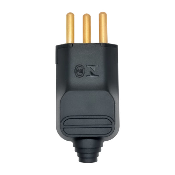 Pino Plugue Macho Margirius 20A 2P+T 180° Preto c/ Prensa Cabo e Pinos Maciços