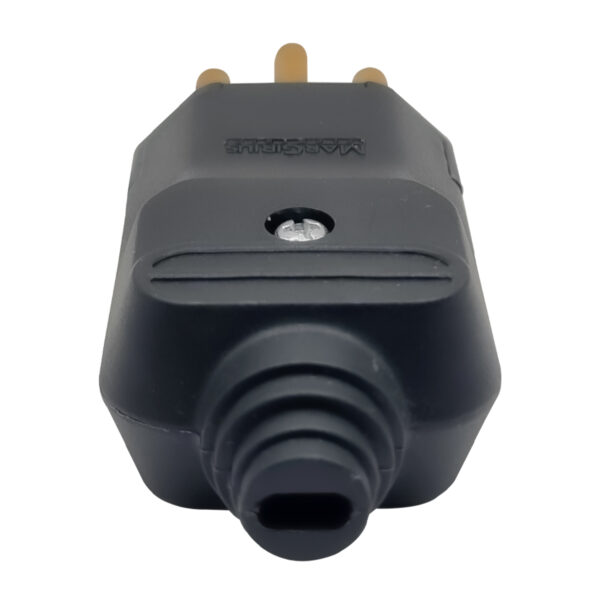 Pino Plugue Macho Margirius 20A 2P+T 180° Preto c/ Prensa Cabo e Pinos Maciços