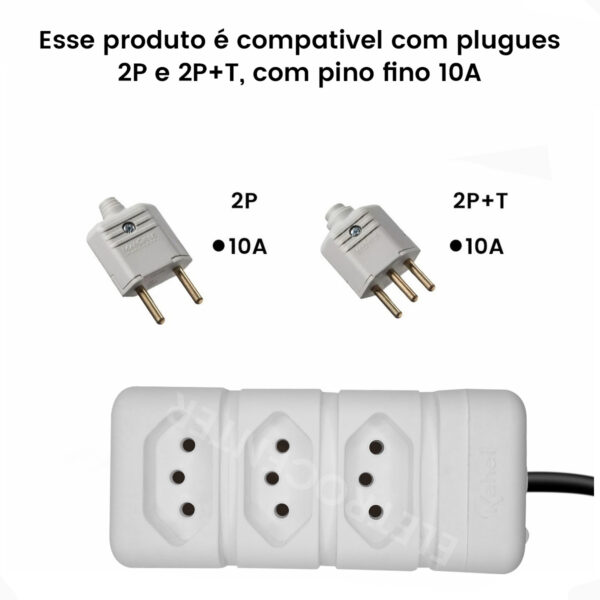 Tomada em Barra Tripla Branca 10A 2P+T Régua de Energia